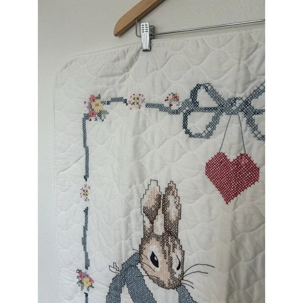 Vtg Peter Rabbit Cross Stitch Quilt Beatrix Potter Crib Blanket Wall Hanging